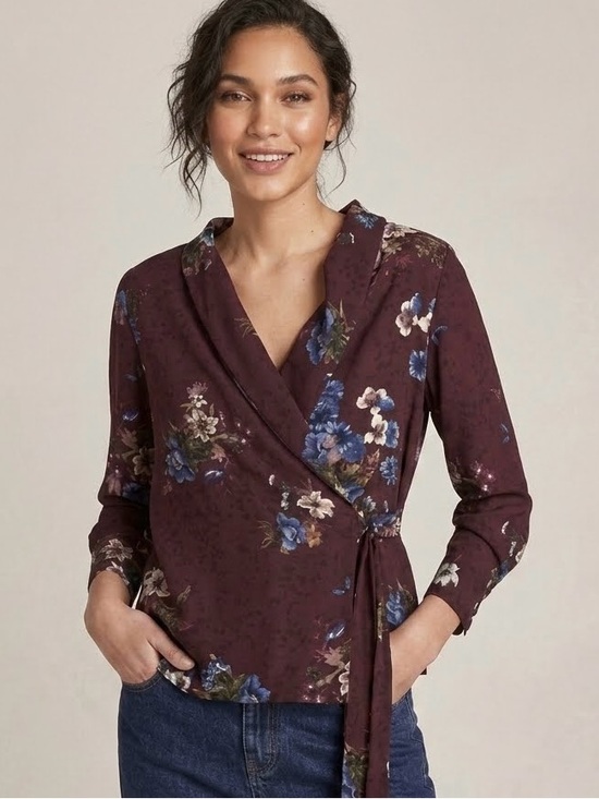 Zara Tops - Zara Women's Floral Wrap Long Sleeve Lightweight Blouse Top, Burgundy, Size S